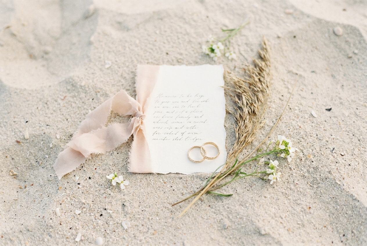 Handgeschreven geloften, gouden ringen en duingras op het strand